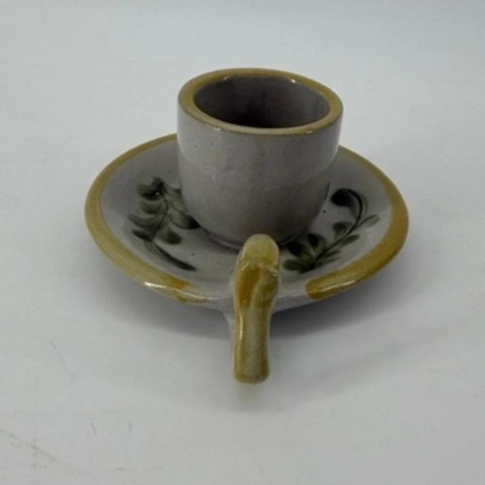 Louisville Stoneware Miniature Cup and Saucer Hand Painted Floral Gray Yellow